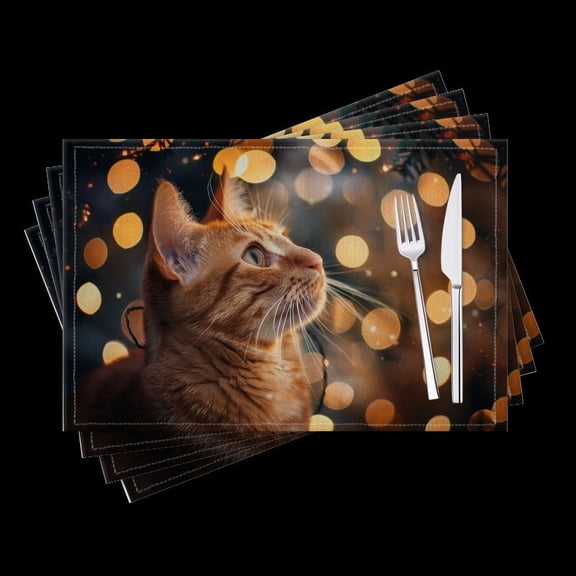 BaHomeck placemats Set of 4 Ginger Cat Portrait With Lights In The Background Cotton Linen rectangle Placemats for Kitchen Dining Table Indoor,Outdoor,18*12inch