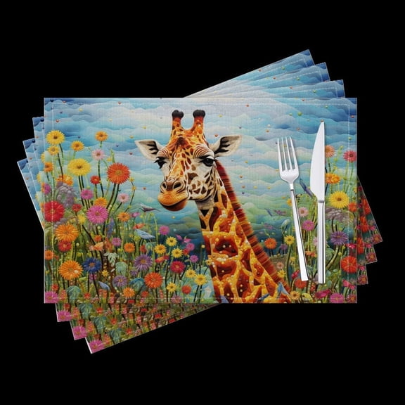 BaHomeck placemats Set of 4 Giraffe Stands In Field Surrounded By Colorful Blooms Cotton Linen rectangle Placemats for Kitchen Dining Table Indoor,Outdoor,18*12inch