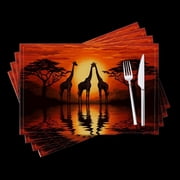 BaHomeck placemats Set of 4 Giraffes Standing In The Water Of African Savanna Cotton Linen rectangle Placemats for Kitchen Dining Table Indoor,Outdoor,18*12inch