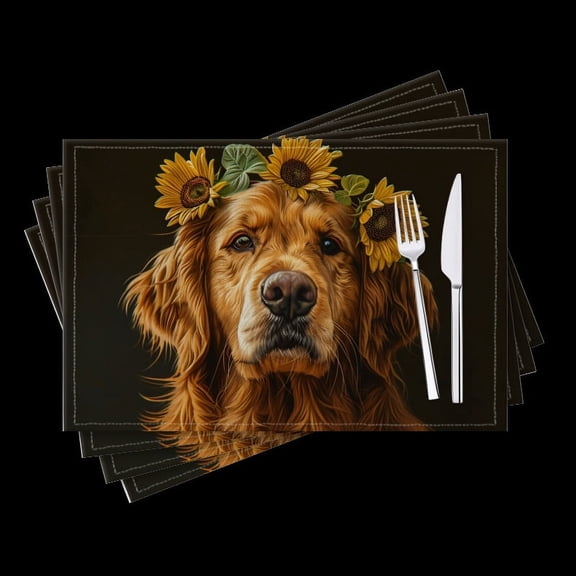 BaHomeck placemats Set of 4 Golden Retriever With Sunflowers In Fur Cotton Linen rectangle Placemats for Kitchen Dining Table Indoor,Outdoor,18*12inch