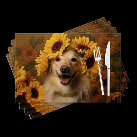 BaHomeck placemats Set of 4 Golden Retriever Wearing Sunflowers On Head Cotton Linen rectangle Placemats for Kitchen Dining Table Indoor,Outdoor,18*12inch