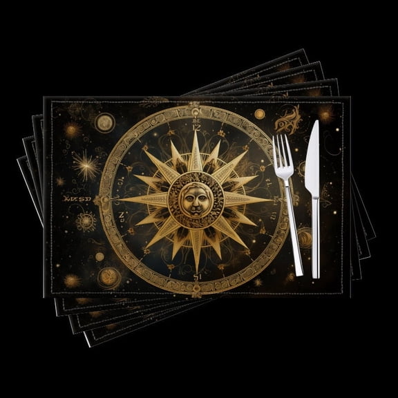 BaHomeck placemats Set of 4 The Golden Sun Surrounded By Zodiac Signs Cotton Linen rectangle Placemats for Kitchen Dining Table Indoor,Outdoor,18*12inch