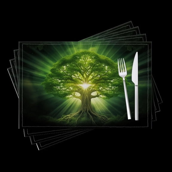 BaHomeck placemats Set of 4 Green Tree Of Life With Rays Emanating From It Cotton Linen rectangle Placemats for Kitchen Dining Table Indoor,Outdoor,18*12inch