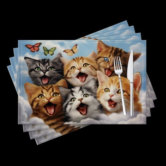 BaHomeck placemats Set of 4 Group Of Happy Smiling Cats In The Clouds Cotton Linen rectangle Placemats for Kitchen Dining Table Indoor,Outdoor,18*12inch