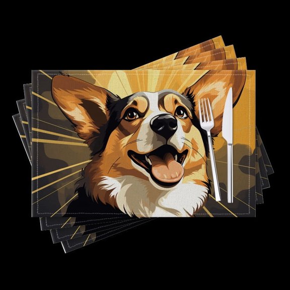 BaHomeck placemats Set of 4 Happy Corgi Dog With Yellow Rays Of Light In The Background Cotton Linen rectangle Placemats for Kitchen Dining Table Indoor,Outdoor,18*12inch