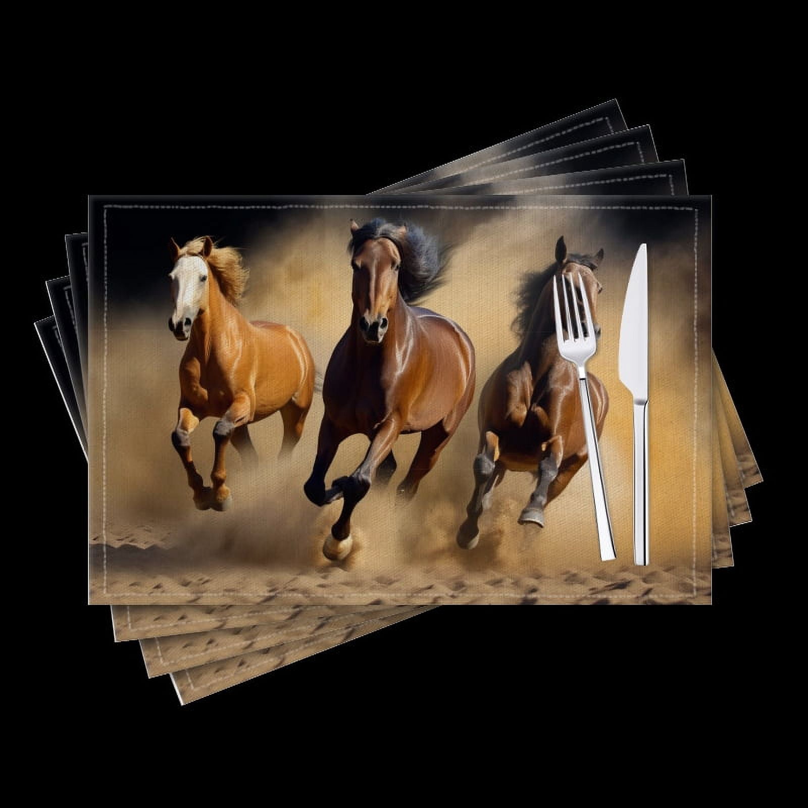 BaHomeck placemats Set of 4 Horses Running Through The Desert Dust Billowing Behind Them Cotton Linen rectangle Placemats for Kitchen Dining Table Indoor,Outdoor,18*12inch
