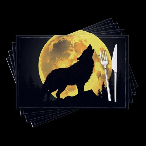 BaHomeck placemats Set of 4 Howling Wolf Silhouette Against The Backdrop Of Yellow Moon Cotton Linen rectangle Placemats for Kitchen Dining Table Indoor,Outdoor,18*12inch
