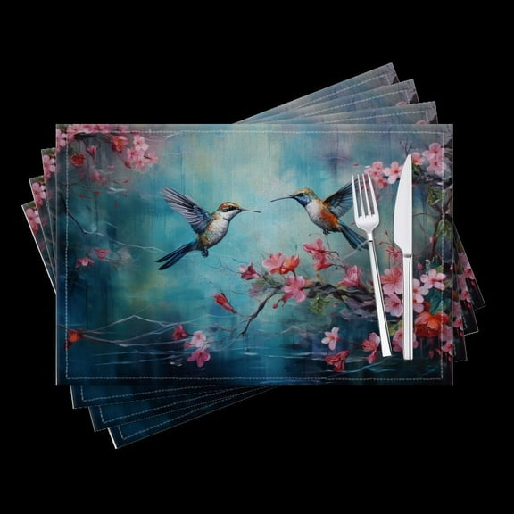 BaHomeck placemats Set of 4 Hummingbirds Flying Over Water And Surrounded By Pink Cherry Blossoms Cotton Linen rectangle Placemats for Kitchen Dining Table Indoor,Outdoor,18*12inch