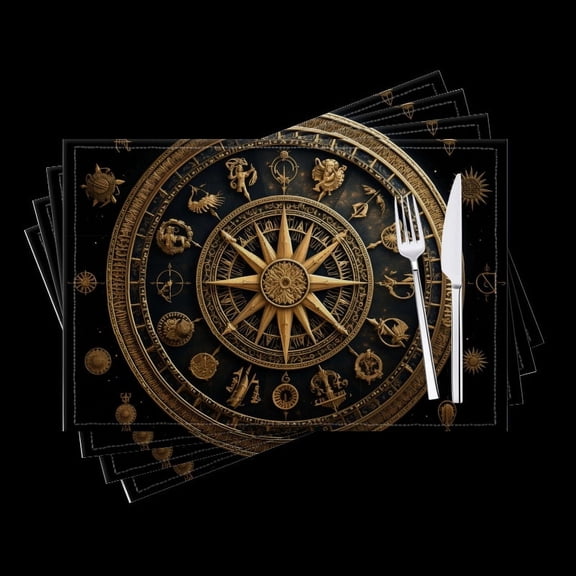 BaHomeck placemats Set of 4 Illustration Of The Zodiac Signs On Ancient Compass Cotton Linen rectangle Placemats for Kitchen Dining Table Indoor,Outdoor,18*12inch