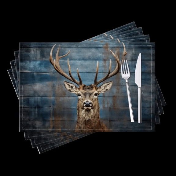 BaHomeck placemats Set of 4 Large Stag Head Portrait On White Wooden Planks Cotton Linen rectangle Placemats for Kitchen Dining Table Indoor,Outdoor,18*12inch