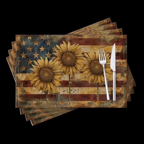 BaHomeck placemats Set of 4 Large Sunflowers On American Flag Background Cotton Linen rectangle Placemats for Kitchen Dining Table Indoor,Outdoor,18*12inch