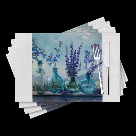 BaHomeck placemats Set of 4 Lavender And Bluebells In Glass Vases On Shelf Cotton Linen rectangle Placemats for Kitchen Dining Table Indoor,Outdoor,18*12inch