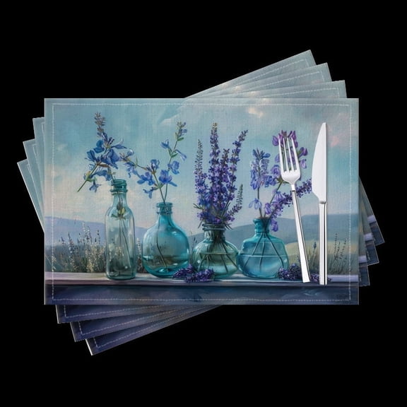 BaHomeck placemats Set of 4 Lavender And Bluebells In Glass Vases On Shelf Cotton Linen rectangle Placemats for Kitchen Dining Table Indoor,Outdoor,18*12inch