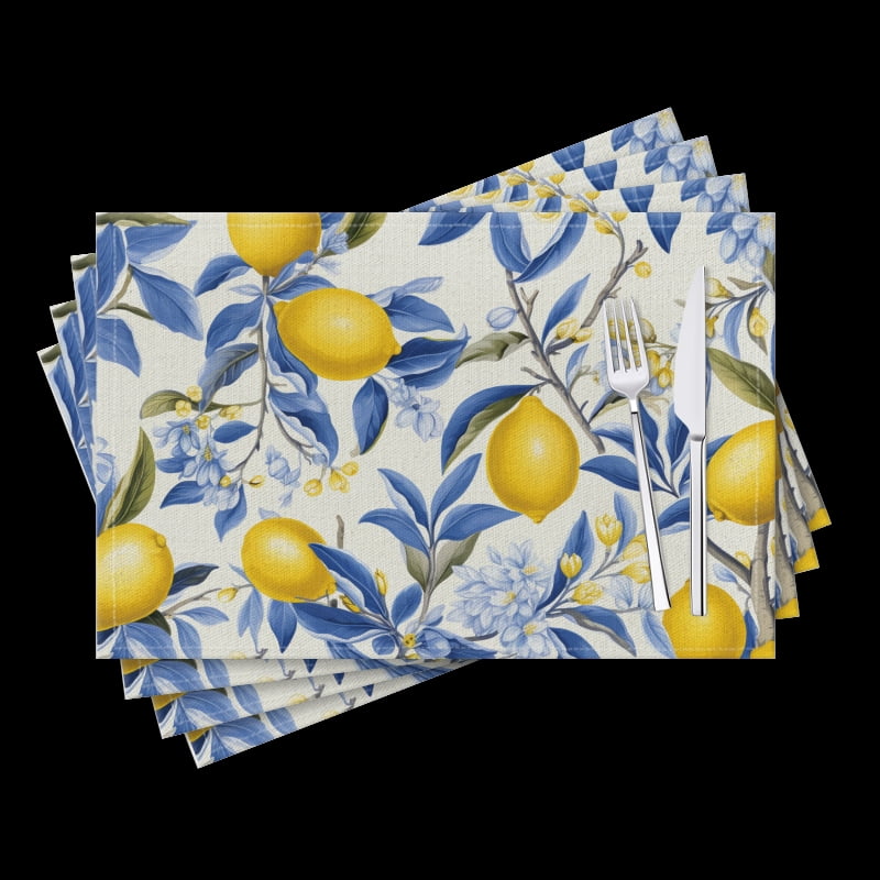 BaHomeck placemats Set of 4 Lemon Tree With Lemons And Blue Flowers On White Background Cotton Linen rectangle Placemats for Kitchen Dining Table Indoor,Outdoor,18*12inch