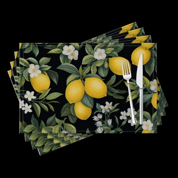 BaHomeck placemats Set of 4 Lemon Tree With Lemons And White Flowers On A Black Background Cotton Linen rectangle Placemats for Kitchen Dining Table Indoor,Outdoor,18*12inch