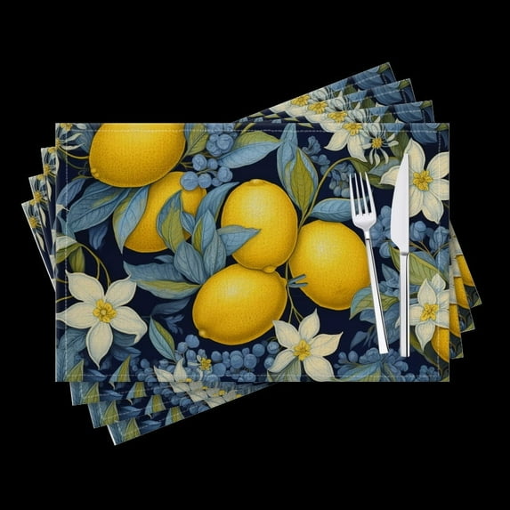 BaHomeck placemats Set of 4 Lemons And Blueberry In Watercolor Style Cotton Linen rectangle Placemats for Kitchen Dining Table Indoor,Outdoor,18*12inch