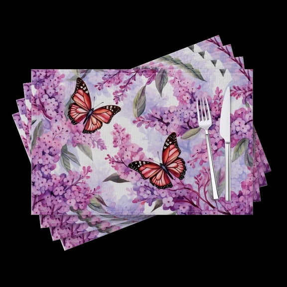 BaHomeck placemats Set of 4 Lilac Flowers And Butterflies Painting On White Background Cotton Linen rectangle Placemats for Kitchen Dining Table Indoor,Outdoor,18*12inch
