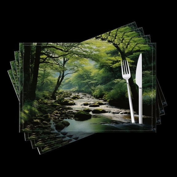 BaHomeck placemats Set of 4 Lush And Green Forest With Towering Trees And Rocks Cotton Linen rectangle Placemats for Kitchen Dining Table Indoor,Outdoor,18*12inch