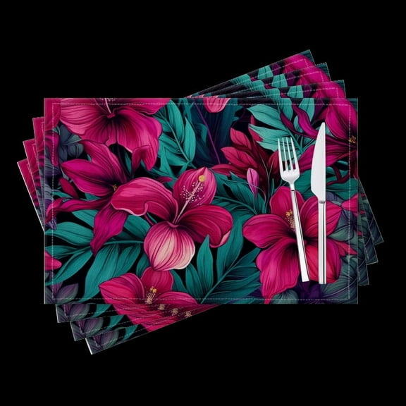 BaHomeck placemats Set of 4 Magenta Hibiscus Flowers And Teal Leaves On Dark Background Cotton Linen rectangle Placemats for Kitchen Dining Table Indoor,Outdoor,18*12inch