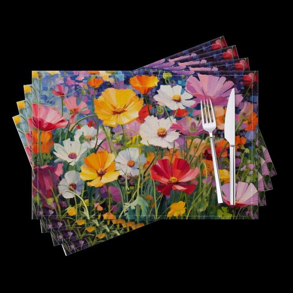 BaHomeck placemats Set of 4 Oil Painting Of Field Full Of Colorful Cosmos Flowers Cotton Linen rectangle Placemats for Kitchen Dining Table Indoor,Outdoor,18*12inch