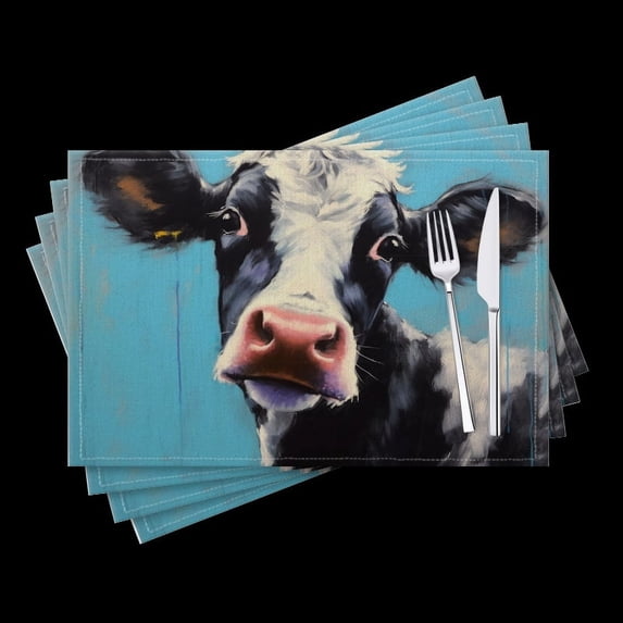 BaHomeck placemats Set of 4 Oil Painting Of Black And White Cow On Blue Background Cotton Linen rectangle Placemats for Kitchen Dining Table Indoor,Outdoor,18*12inch