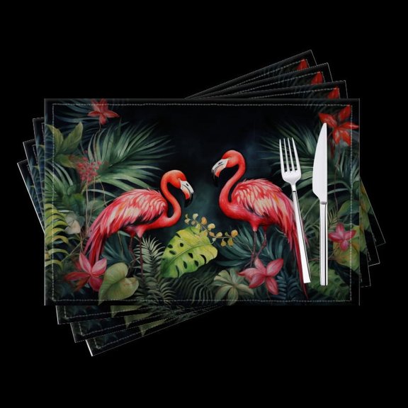 BaHomeck placemats Set of 4 Oil Painting Of Pink Flamingos In The Jungle Cotton Linen rectangle Placemats for Kitchen Dining Table Indoor,Outdoor,18*12inch