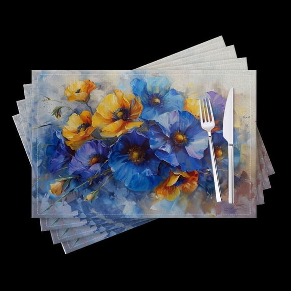 BaHomeck placemats Set of 4 Oil Painting Of Vibrant Blue And Yellow Poppies Cotton Linen rectangle Placemats for Kitchen Dining Table Indoor,Outdoor,18*12inch