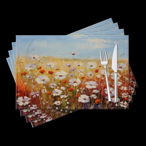 BaHomeck placemats Set of 4 Oil Painting Of White And Red Flowers In Field Cotton Linen rectangle Placemats for Kitchen Dining Table Indoor,Outdoor,18*12inch
