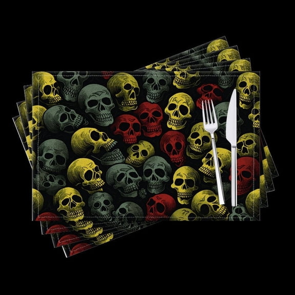 BaHomeck placemats Set of 4 Pattern Of Skulls In The Style Of Comic Book Art Cotton Linen rectangle Placemats for Kitchen Dining Table Indoor,Outdoor,18*12inch