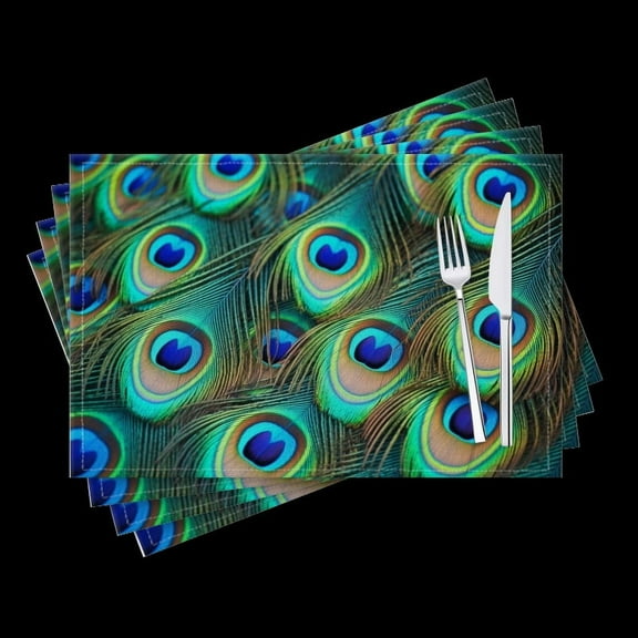 BaHomeck placemats Set of 4 Peacock Feathers Showing The Vibrant Colors And Intricate Patterns Cotton Linen rectangle Placemats for Kitchen Dining Table Indoor,Outdoor,18*12inch