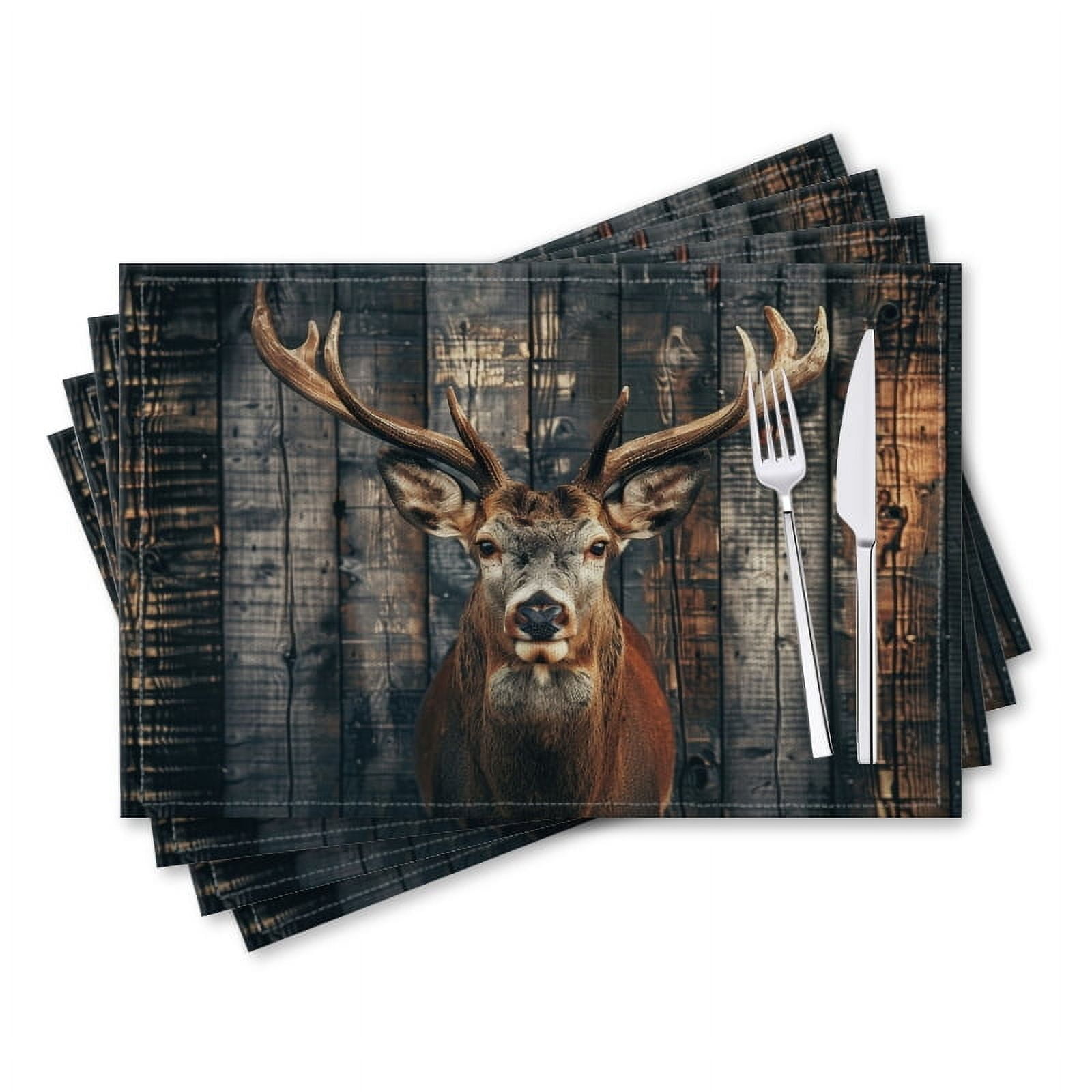 BaHomeck placemats Set of 4 rectangle Linen Cotton Placemats for Dining Table Washable Heat Resistant,18*12inch,Photograph Of Deer With Impressive Antlers Against Old Wooden Wall