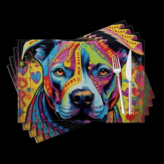 BaHomeck placemats Set of 4 Pit Bull Dog With Hearts And Patterns In The Background Cotton Linen rectangle Placemats for Kitchen Dining Table Indoor,Outdoor,18*12inch