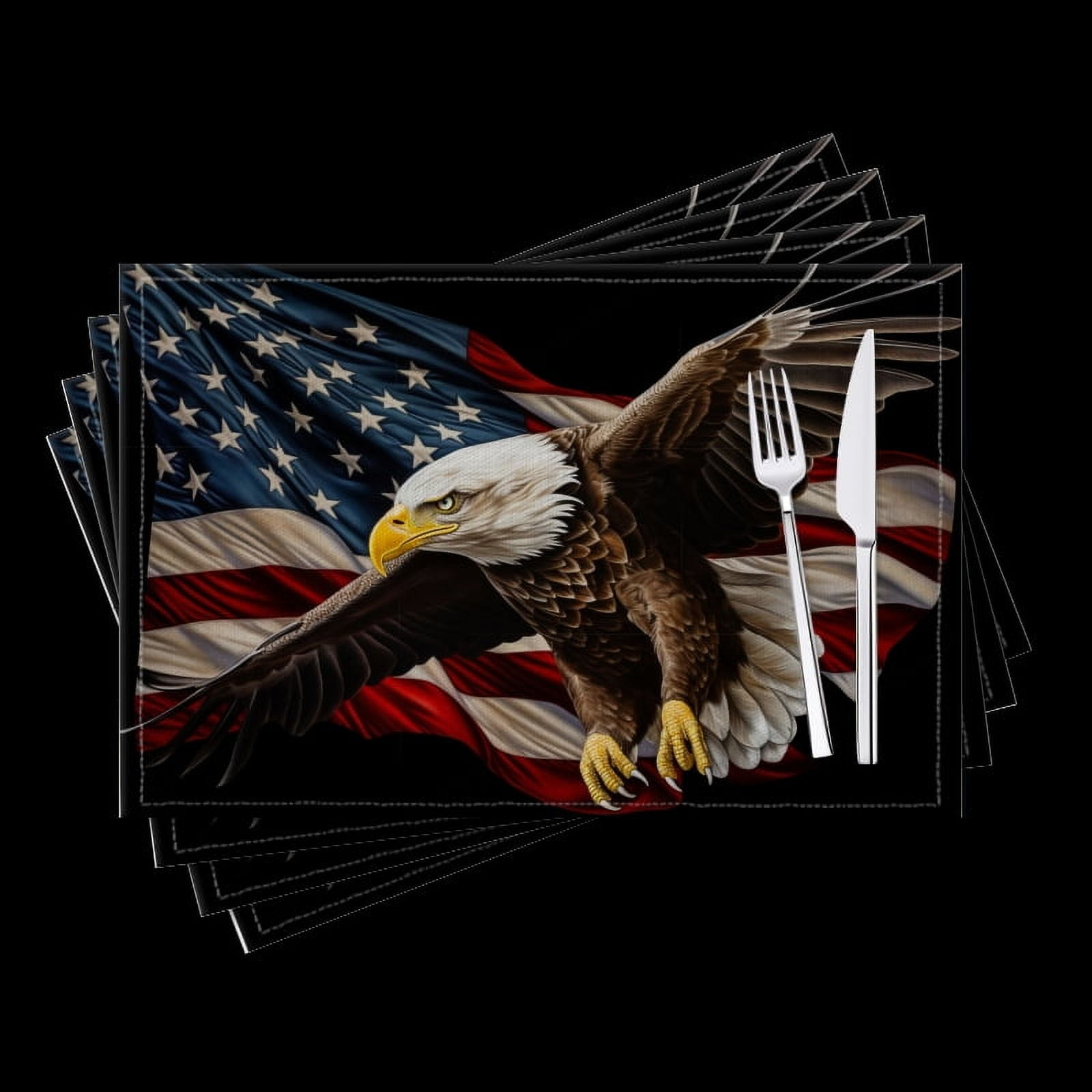 BaHomeck placemats Set of 4 Realistic Bald Eagle Flying Over American Flag Background Cotton Linen rectangle Placemats for Kitchen Dining Table Indoor,Outdoor,18*12inch