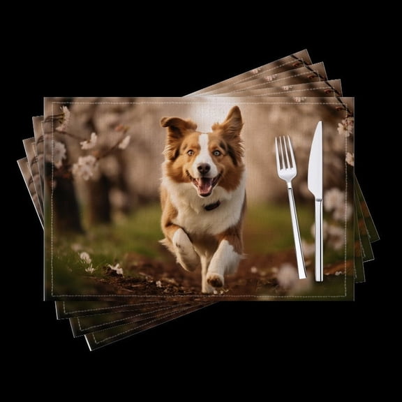 BaHomeck placemats Set of 4 Red And White Border Collie Running In The Spring Orchard Cotton Linen rectangle Placemats for Kitchen Dining Table Indoor,Outdoor,18*12inch