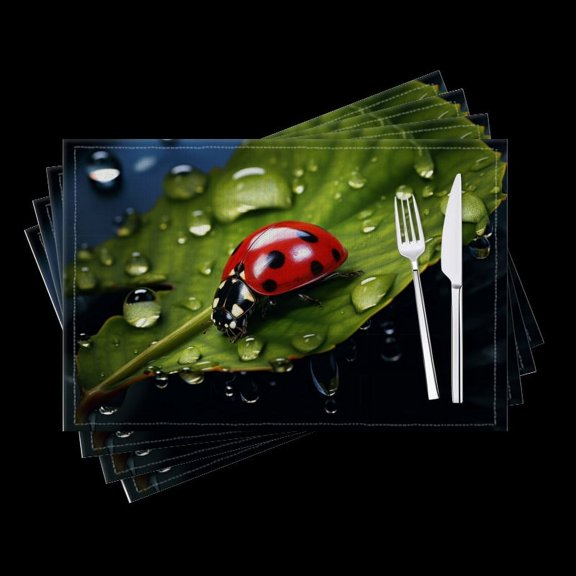 BaHomeck placemats Set of 4 Red Beetle Was Standing On The Dripping Green Leaves Cotton Linen rectangle Placemats for Kitchen Dining Table Indoor,Outdoor,18*12inch