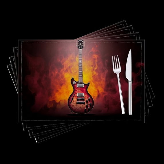 BaHomeck placemats Set of 4 Red And Black Electric Guitar With Flames In The Background Cotton Linen rectangle Placemats for Kitchen Dining Table Indoor,Outdoor,18*12inch