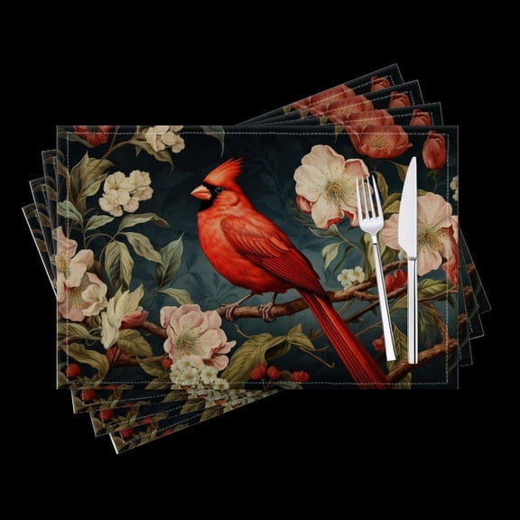 BaHomeck placemats Set of 4 Red Cardinal Bird Perched On Apple Tree Branch Cotton Linen rectangle Placemats for Kitchen Dining Table Indoor,Outdoor,18*12inch