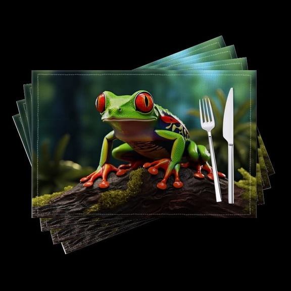 BaHomeck placemats Set of 4 Red-Eyed Tree Frog Sitting On Mossy Log In Jungle Background Cotton Linen rectangle Placemats for Kitchen Dining Table Indoor,Outdoor,18*12inch