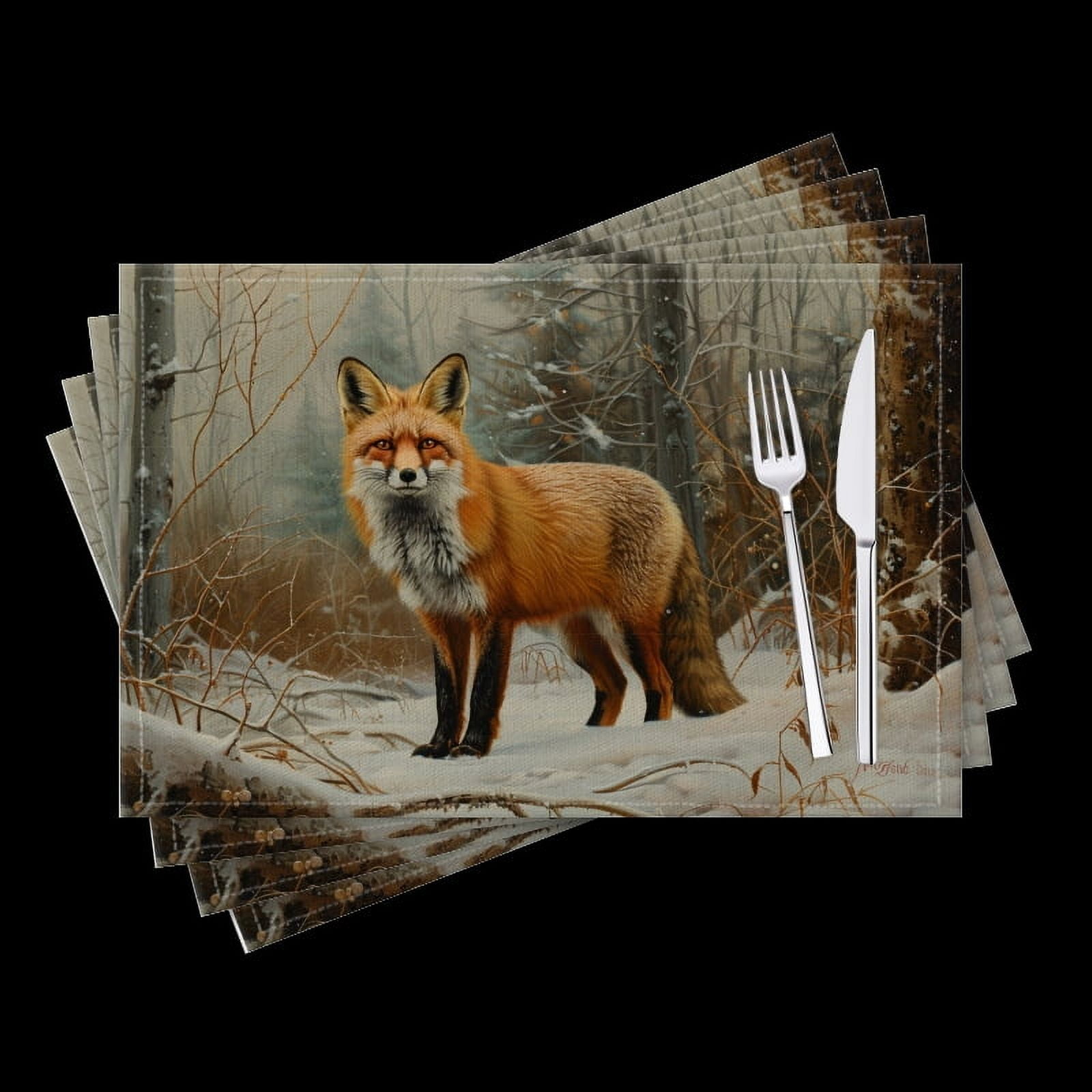 BaHomeck placemats Set of 4 Red Fox Standing In The Snow Surrounded By Dense Forest Foliage Cotton Linen rectangle Placemats for Kitchen Dining Table Indoor,Outdoor,18*12inch