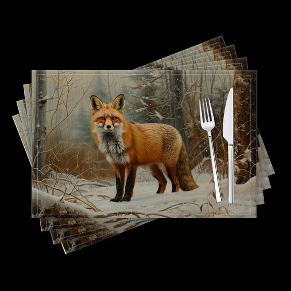 BaHomeck placemats Set of 4 Red Fox Standing In The Snow Surrounded By Dense Forest Foliage Cotton Linen rectangle Placemats for Kitchen Dining Table Indoor,Outdoor,18*12inch