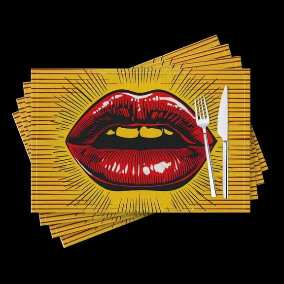 BaHomeck placemats Set of 4 Red Lips In Retro Comic Book Style With Halftone Dots Cotton Linen rectangle Placemats for Kitchen Dining Table Indoor,Outdoor,18*12inch
