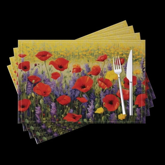 BaHomeck placemats Set of 4 Red Poppies And Purple Lavender In The Field Cotton Linen rectangle Placemats for Kitchen Dining Table Indoor,Outdoor,18*12inch