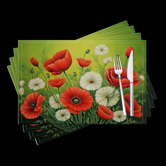 BaHomeck placemats Set of 4 Red Poppies And White Daisies In The Grass Cotton Linen rectangle Placemats for Kitchen Dining Table Indoor,Outdoor,18*12inch