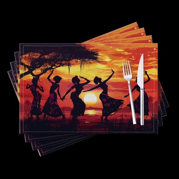 BaHomeck placemats Set of 4 Silhouette Of Women Dancing Traditional African Dance Cotton Linen rectangle Placemats for Kitchen Dining Table Indoor,Outdoor,18*12inch