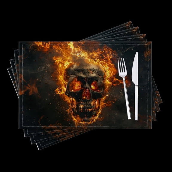BaHomeck placemats Set of 4 Skull Engulfed In Flames Creating Intense And Mysterious Effect Cotton Linen rectangle Placemats for Kitchen Dining Table Indoor,Outdoor,18*12inch