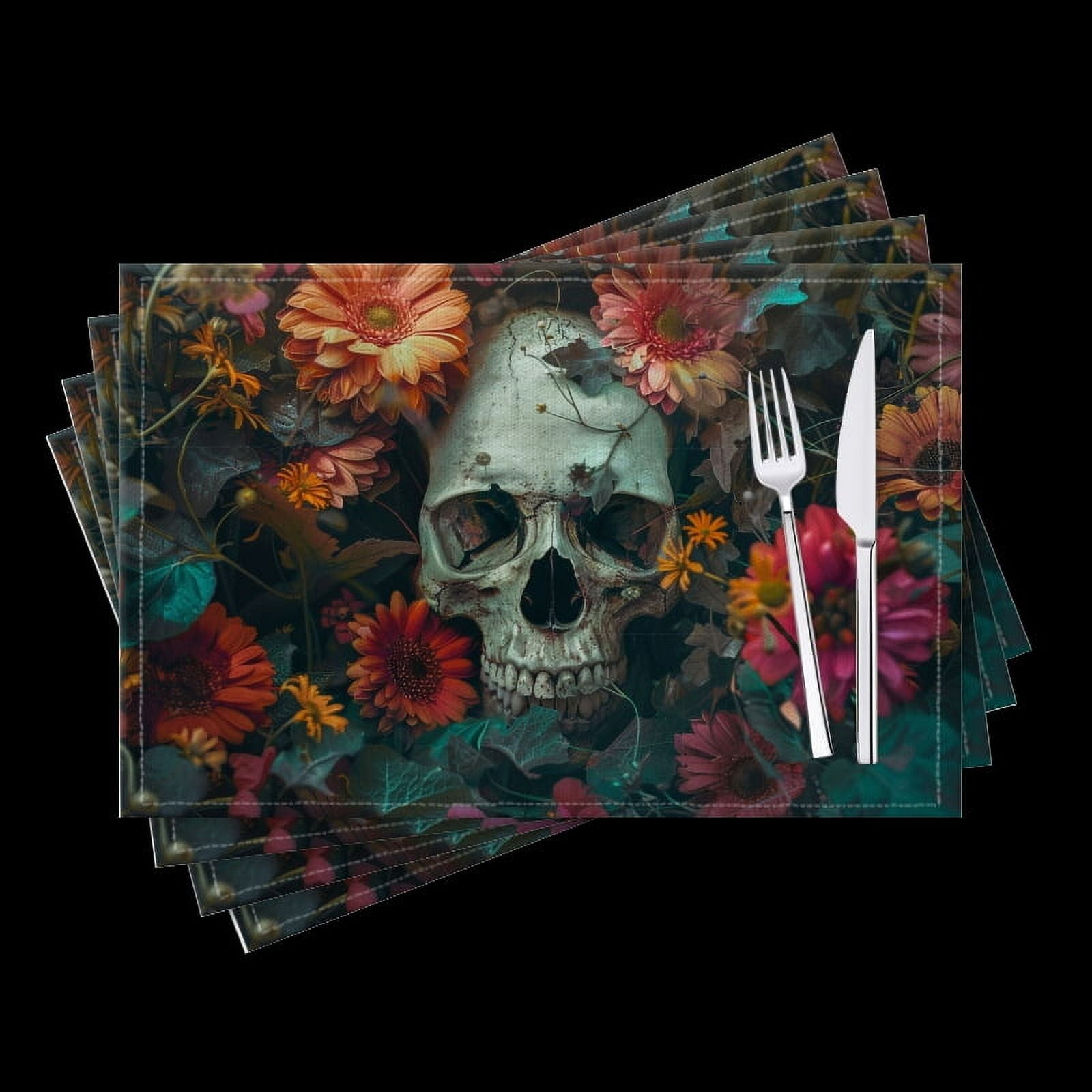 BaHomeck placemats Set of 4 Skull Surrounded By Vibrant Flowers Creating Eerie Yet Cotton Linen rectangle Placemats for Kitchen Dining Table Indoor,Outdoor,18*12inch