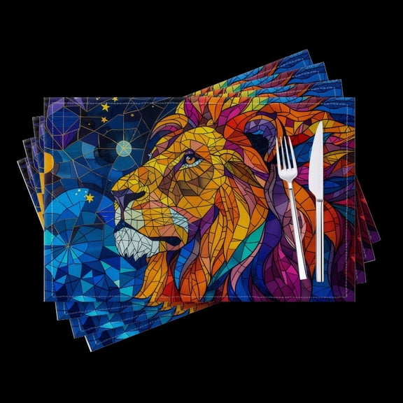 BaHomeck placemats Set of 4 Stained Glass Depiction Of Lion On Starry Night Sky Background Cotton Linen rectangle Placemats for Kitchen Dining Table Indoor,Outdoor,18*12inch