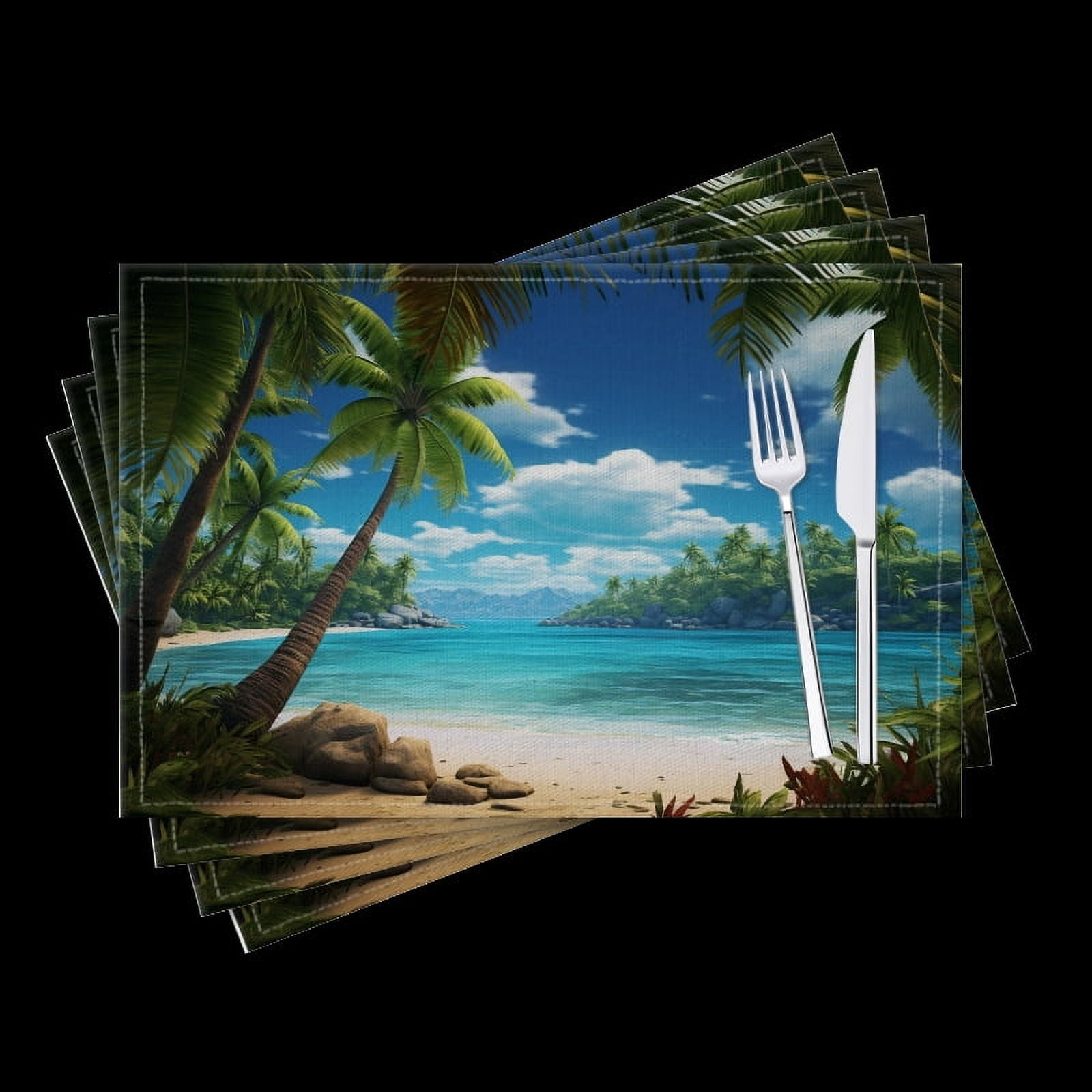BaHomeck placemats Set of 4 Stunning Tropical Beach Scene With Palm Trees Cotton Linen rectangle Placemats for Kitchen Dining Table Indoor,Outdoor,18*12inch