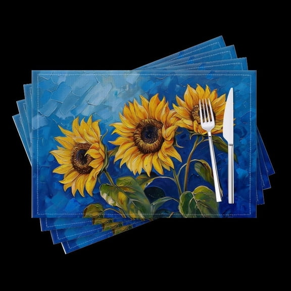 BaHomeck placemats Set of 4 Sunflowers On Blue Background With Oil Painting Cotton Linen rectangle Placemats for Kitchen Dining Table Indoor,Outdoor,18*12inch