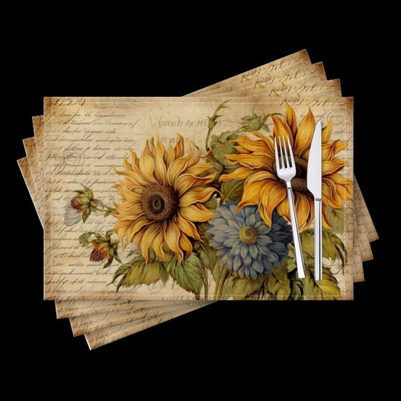 BaHomeck placemats Set of 4 Sunflowers And Blue Chrysanthemums On Vintage Script Background Cotton Linen rectangle Placemats for Kitchen Dining Table Indoor,Outdoor,18*12inch